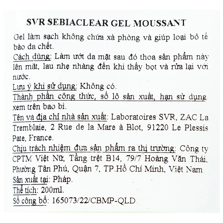 Gel rửa mặt SVR Sebiaclear Gel Moussant không chứa xà phòng, loại bỏ tế bào da chết (200ml)