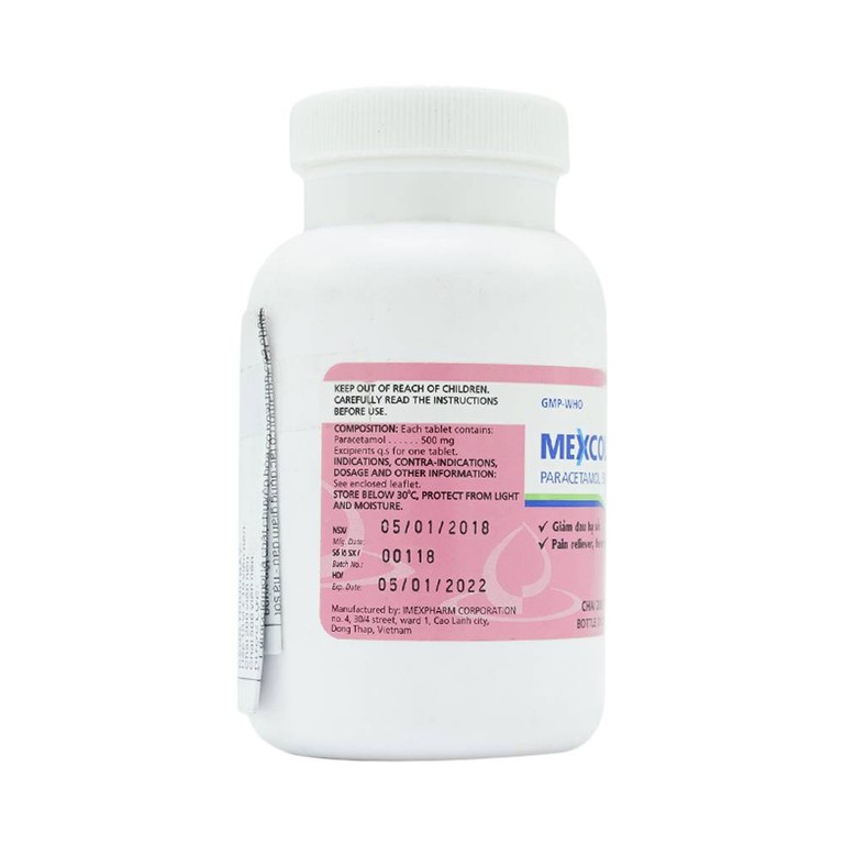 Viên nén Mexcold 500 Imexpharm giảm đau đầu, nhức răng, đau nhức bắp thịt (200 viên)