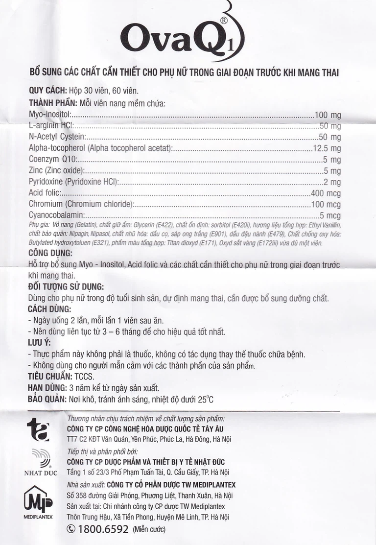 Viên uống OvaQ1 hỗ trợ bổ sung Myo Inositol, Acid folic và các chất cần thiết cho phụ nữ trước khi mang thai (3 vỉ x 10 viên)