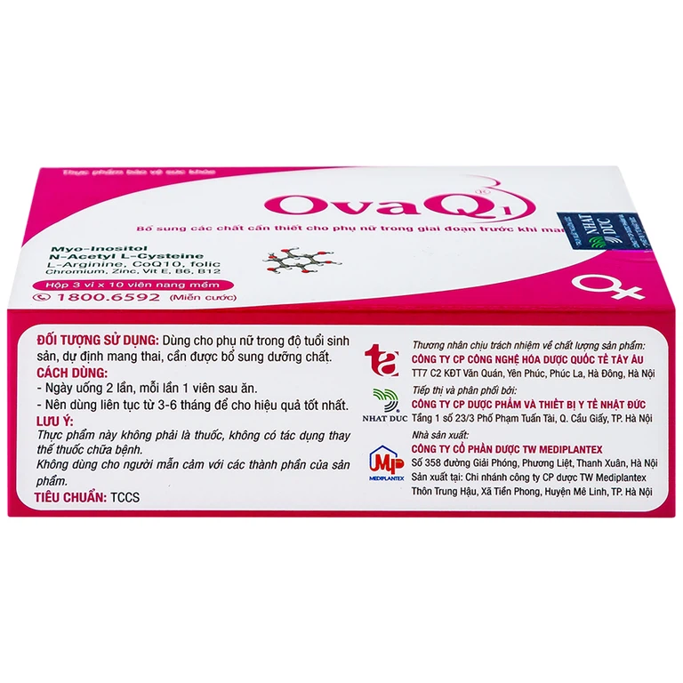Viên uống OvaQ1 hỗ trợ bổ sung Myo Inositol, Acid folic và các chất cần thiết cho phụ nữ trước khi mang thai (3 vỉ x 10 viên)