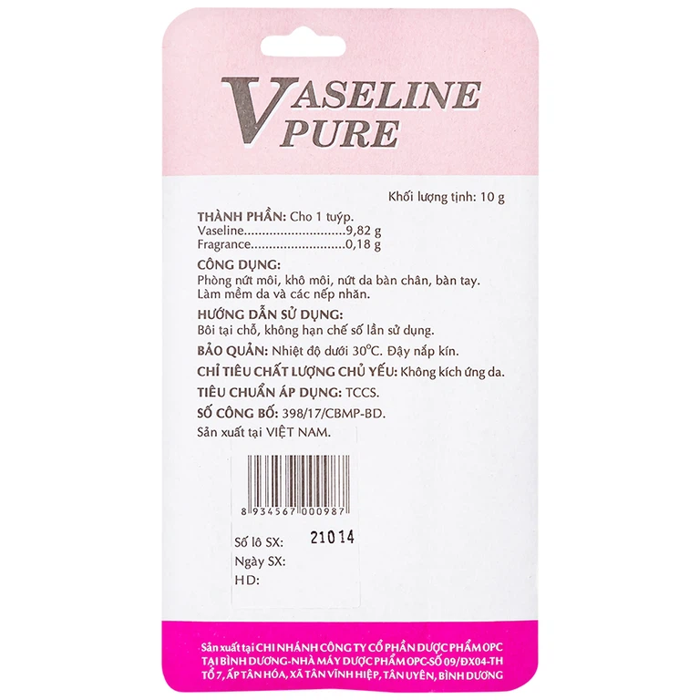 Kem dưỡng ẩm Vaseline Pure OPC hương dâu phòng nứt môi, khô môi, nứt da bàn chân, bàn tay (10g) 