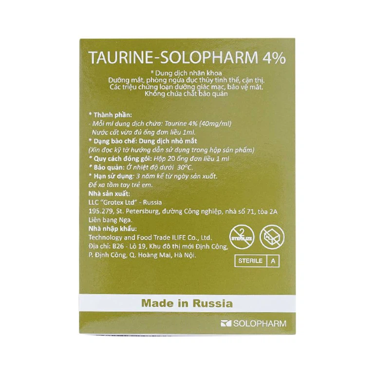 Dung dịch nhãn khoa Taurine-Solopharm 4% điều trị loạn dưỡng giác mạc, viêm giác mạc (20 tuýp x 1ml) 