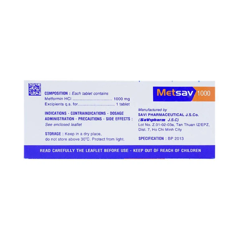 Viên nén Metsav 1000 Savi điều trị bệnh đái tháo đường típ 2 (10 vỉ x 10 viên) 