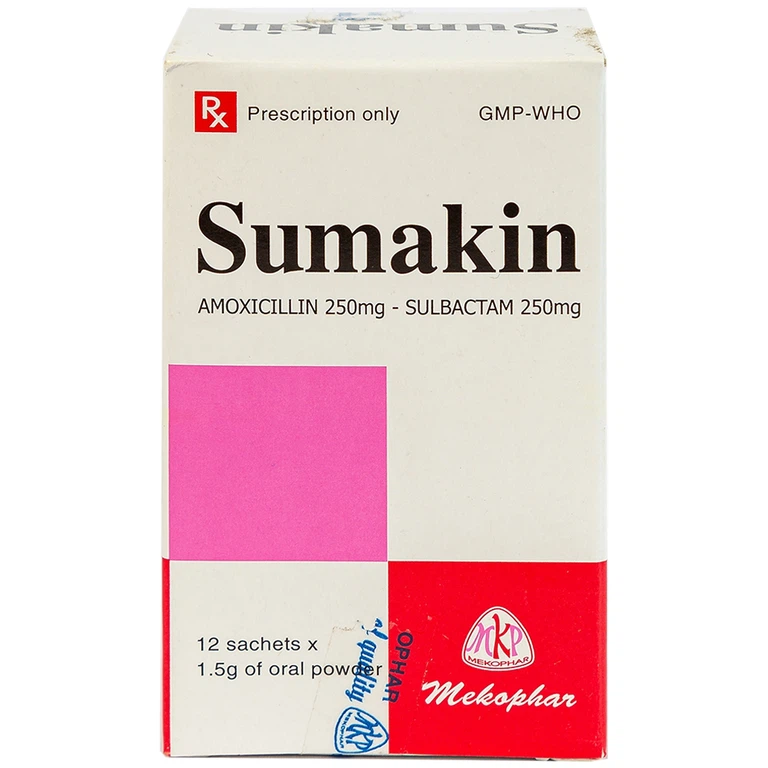 Bột uống Sumakin Mekophar điều trị nhiễm khuẩn miệng và đường hô hấp (12 gói x 1.5g)
