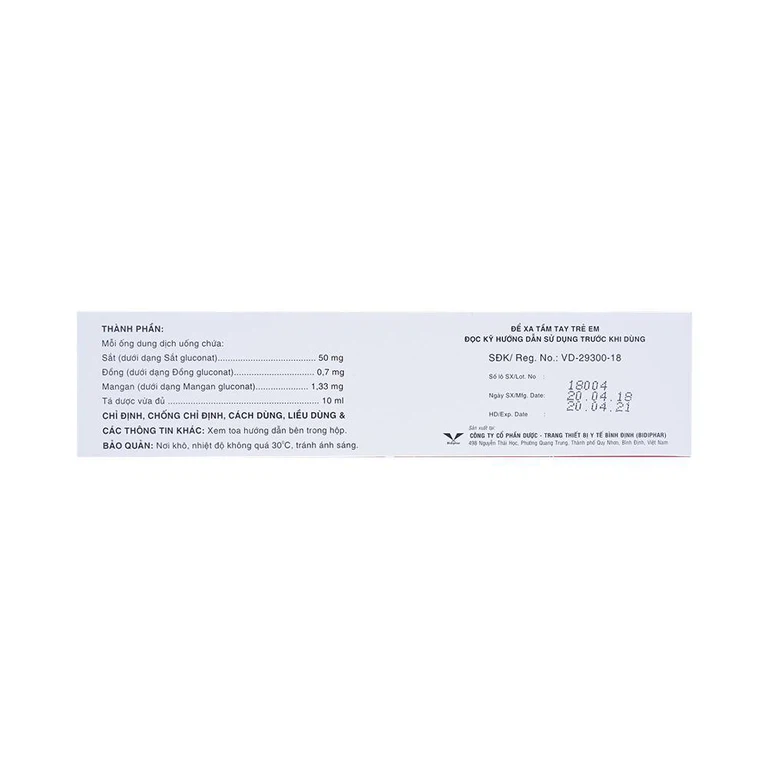 Dung dịch Bifehema Bidiphar điều trị thiếu máu do thiếu sắt (20 ống x 10ml)