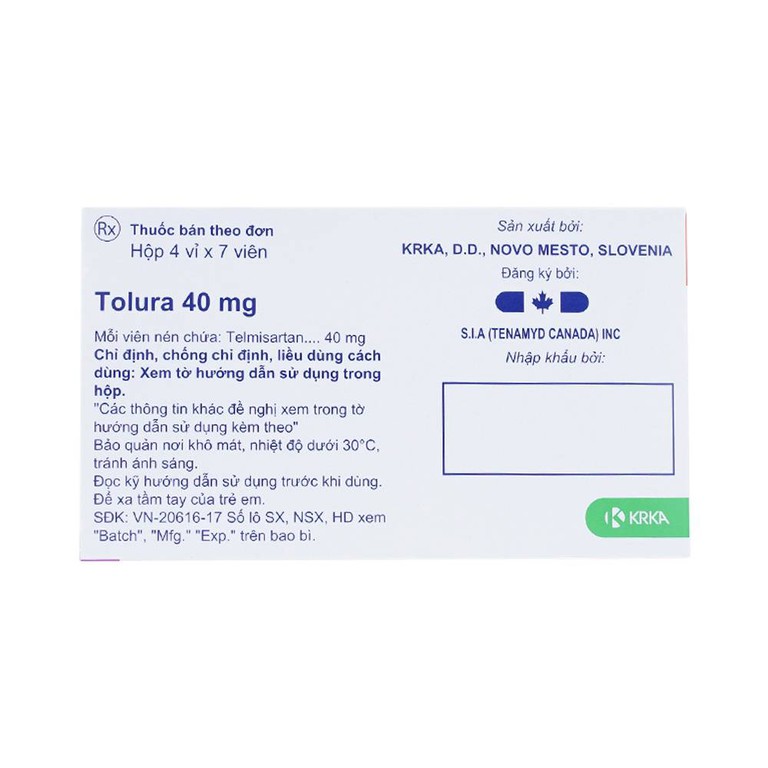 Thuốc Tolura Tablets 40mg Krka điều trị cao huyết áp (4 vỉ x 7 viên)