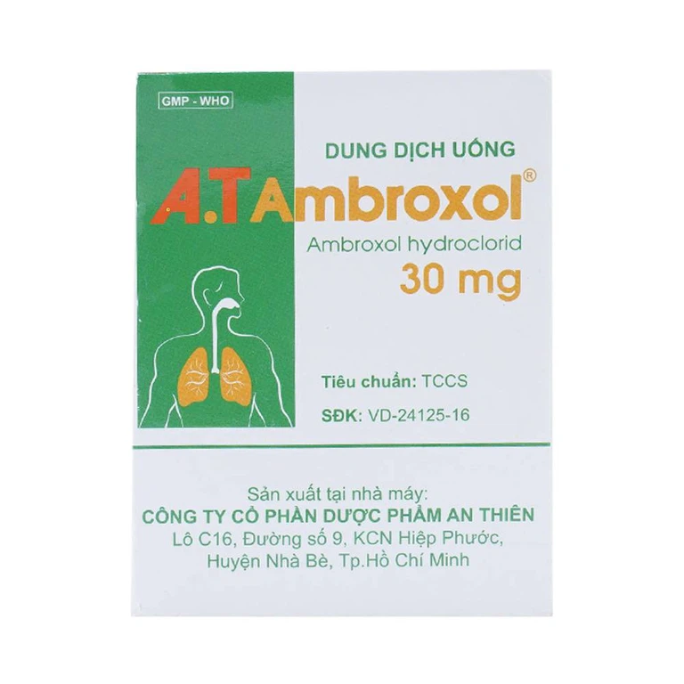 Dung dịch uống A.T Ambroxol 30mg An Thiên làm loãng nhầy trong bệnh viêm phế quản, hen phế quản (30 ống x 5ml)