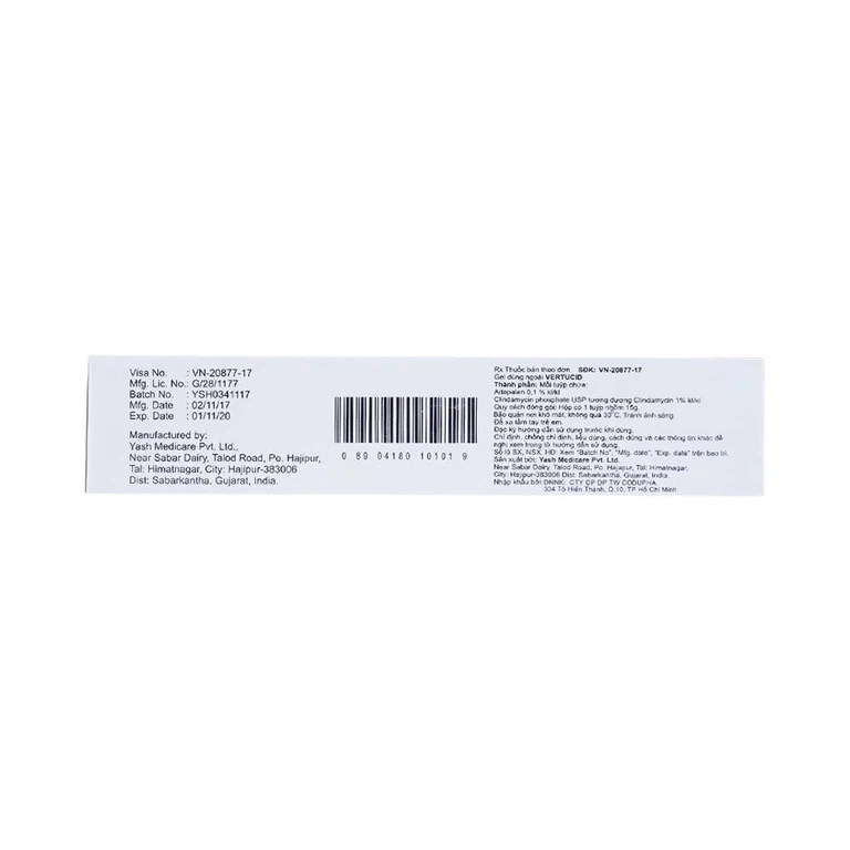 Gel Vertucid Yash Medicare điều trị mụn trứng cá nhẹ đến vừa (15g)