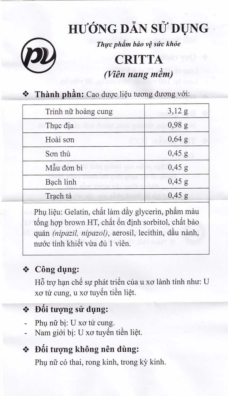 Viên uống Critta Trinh Nữ Hoàng Cung Phúc Vinh hỗ trợ hạn chế sự phát triển của u xơ lành tính (60 viên)