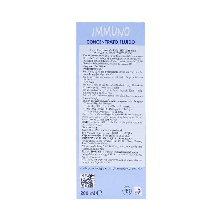 Siro Immuno Bimbi Concentrato Fluido Pharmalife hỗ trợ tăng cường chức năng miễn dịch (200ml)