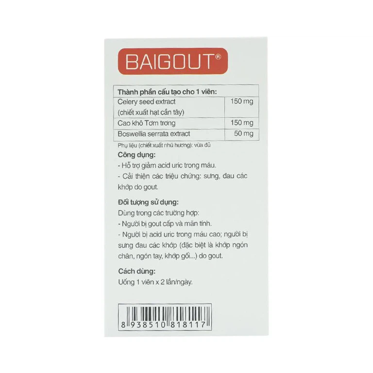 Viên uống Baigout Dân Khang hỗ trợ cải thiện sưng, đau khớp do gout, giảm acid uric máu (20 viên)