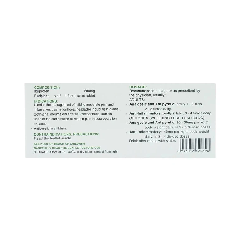 Thuốc Ibuprofen 200 Nadyphar giảm đau, kháng viêm thống kinh, nhức đầu, đau răng, viêm khớp (10 vỉ x 10 viên)