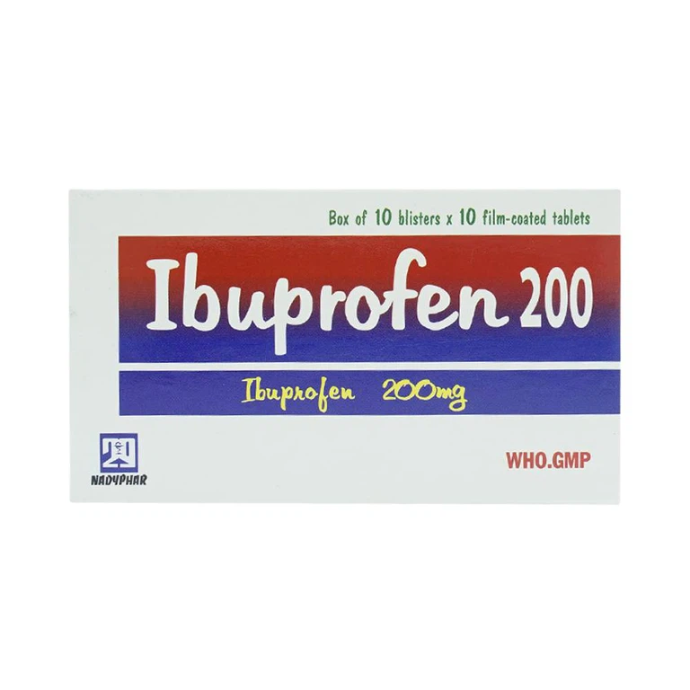 Thuốc Ibuprofen 200 Nadyphar giảm đau, kháng viêm thống kinh, nhức đầu, đau răng, viêm khớp (10 vỉ x 10 viên)