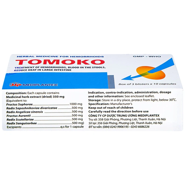 Thuốc  Tomoko Mediplantex điều trị trĩ, đi ngoài ra máu, đại tràng táo nhiệt (3 vỉ x 10 viên)