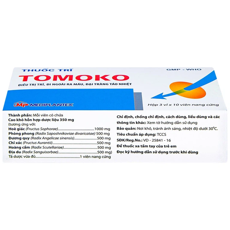 Thuốc  Tomoko Mediplantex điều trị trĩ, đi ngoài ra máu, đại tràng táo nhiệt (3 vỉ x 10 viên)