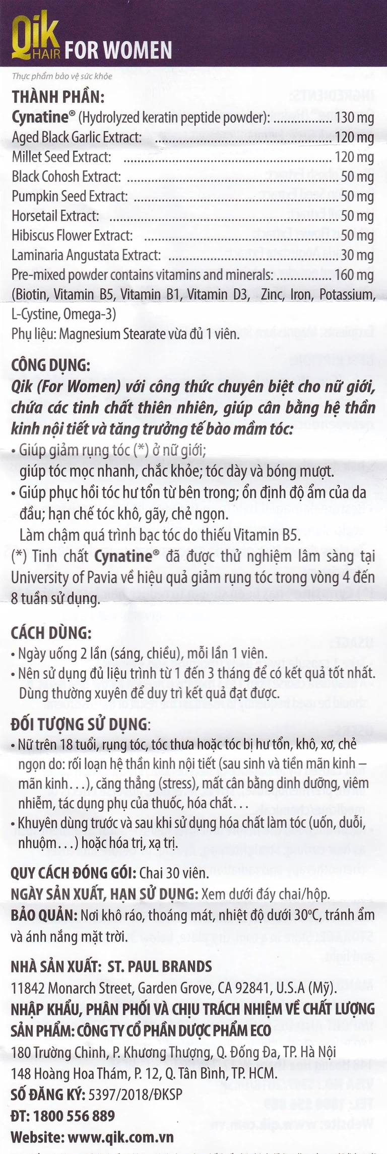 Viên uống Qik Hair For Women Ecogreen giúp giảm rụng tóc ở nữ giới, giúp tóc mọc nhanh (30 viên)