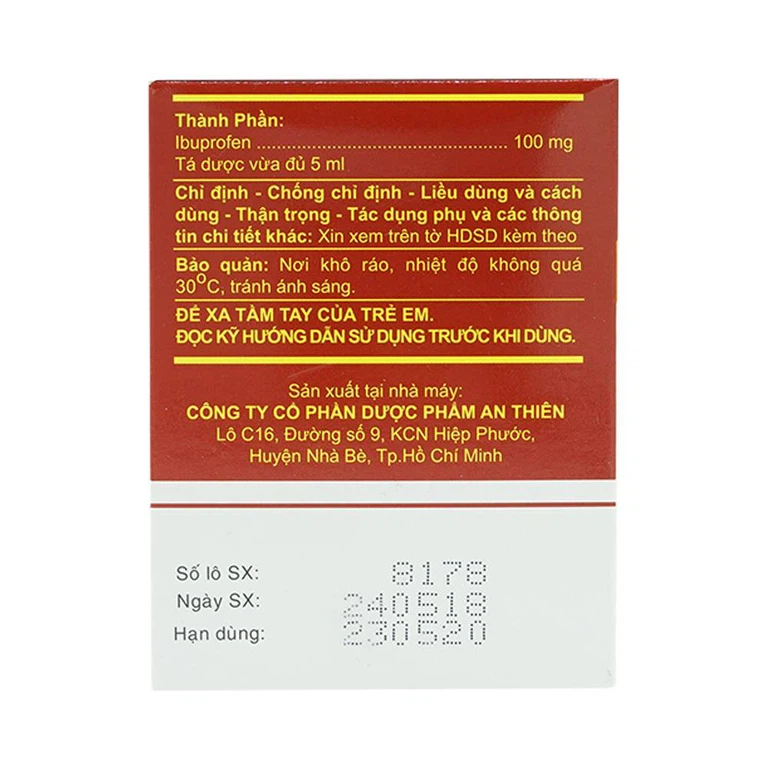 Siro A.T Ibuprofen 100mg An Thiên giảm đau, kháng viêm, hạ sốt (30 ống x 5ml)