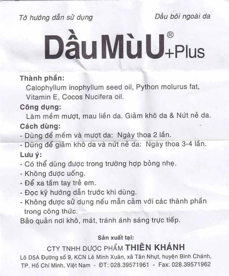 Dầu Mù U Plus Thiên Khánh làm mềm mượt, mau liền da, giảm khô da và nứt nẻ da (12ml)