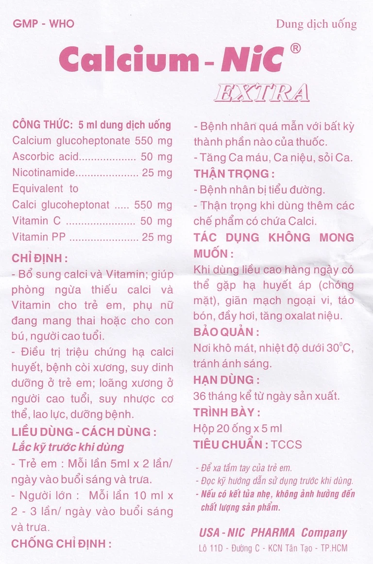 Dung dịch uống Calcium-NIC Extra bổ sung canxi và vitamin (20 ống x 5ml)