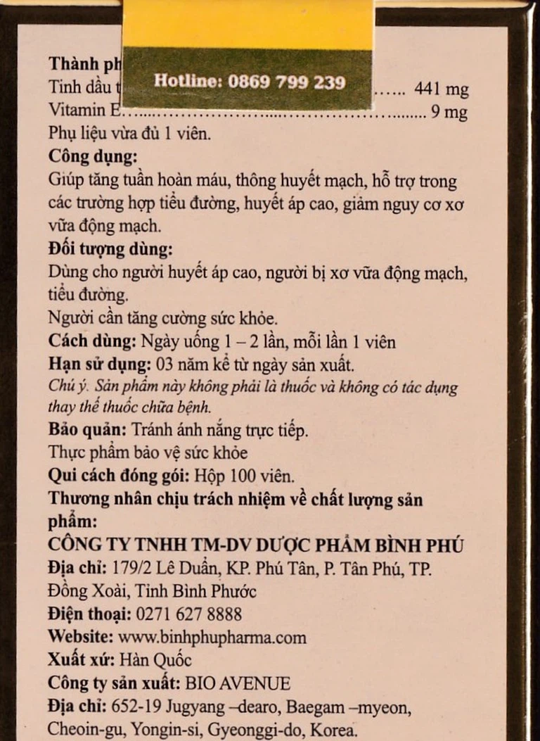 Viên uống BP Golden Pine Bio Avenue tăng tuần hoàn máu, thông huyết mạch (100 viên)