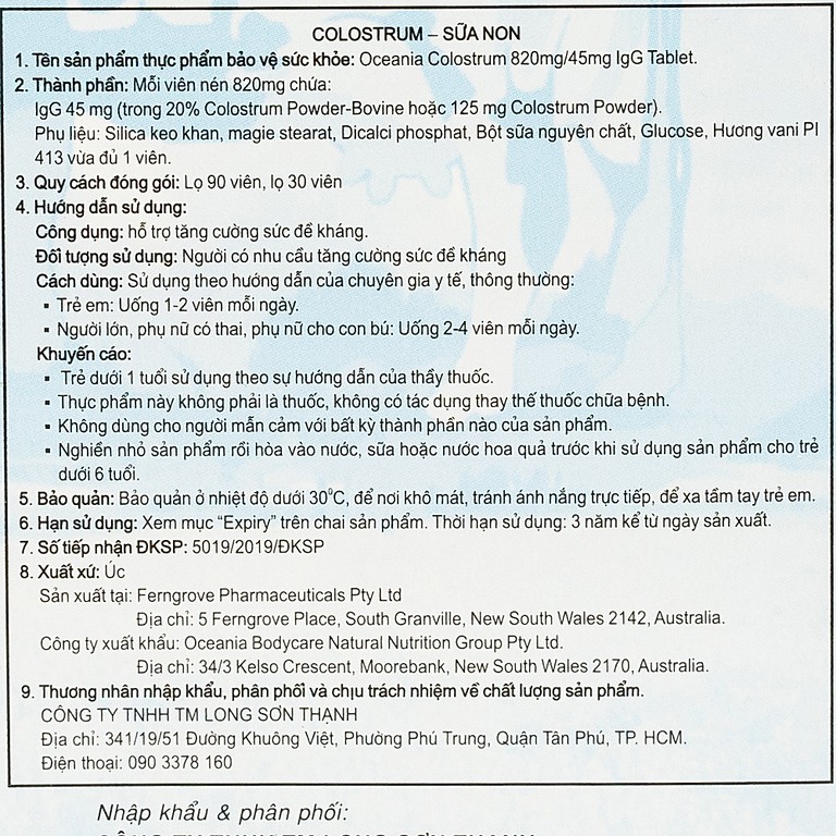 Sữa non Oceania Colostrum 820mg/45mg IgG Tablet hỗ trợ tăng cường sức đề kháng (90 viên)