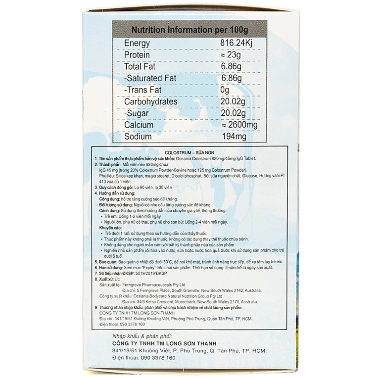 Sữa non Oceania Colostrum 820mg/45mg IgG Tablet hỗ trợ tăng cường sức đề kháng (90 viên)