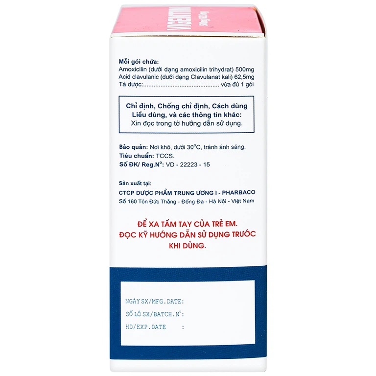 Thuốc bột pha hỗn dịch uống Vigentin 500mg/62,5mg Pharbaco điều trị các chứng nhiễm khuẩn (12 gói x 2g)