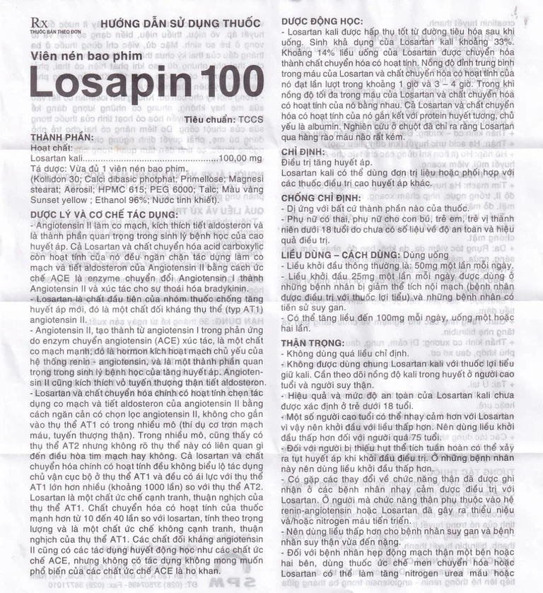 Thuốc Losapin 100mg SPM điều trị tăng huyết áp (3 vỉ x 10 viên)