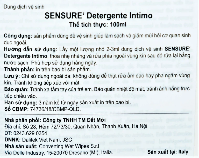 Dung dịch vệ sinh Sensure' Detergente Intimo làm sạch và giảm mùi hôi cơ quan sinh dục ngoài (100ml)