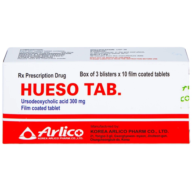 Thuốc Hueso Tab 300mg Arlico điều trị sỏi túi mật cholesterol, bệnh gan mật mãn tính (3 vỉ x 10 viên)