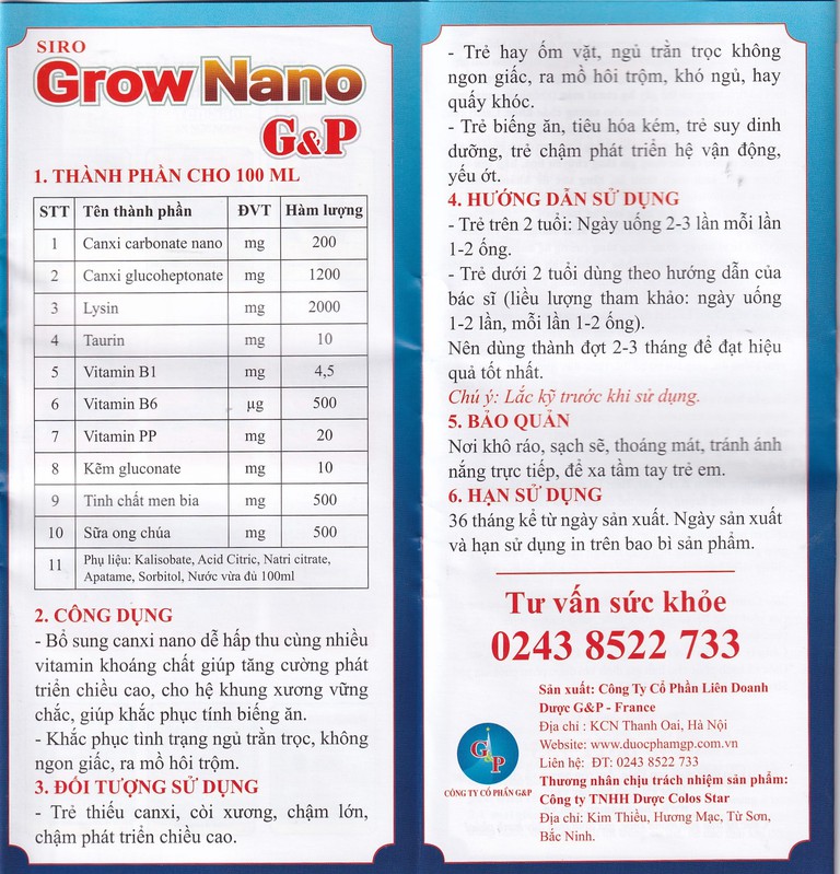 Siro Grow Nano G&P giúp trẻ phát triển hệ xương, tăng cường đề kháng (20 ống x 10ml)