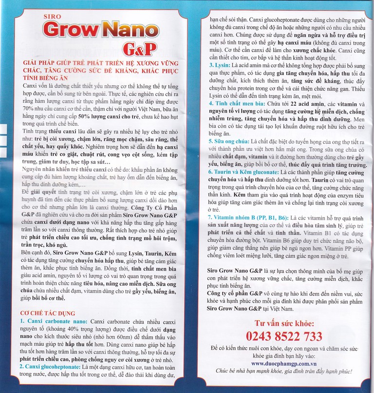 Siro Grow Nano G&P giúp trẻ phát triển hệ xương, tăng cường đề kháng (20 ống x 10ml)