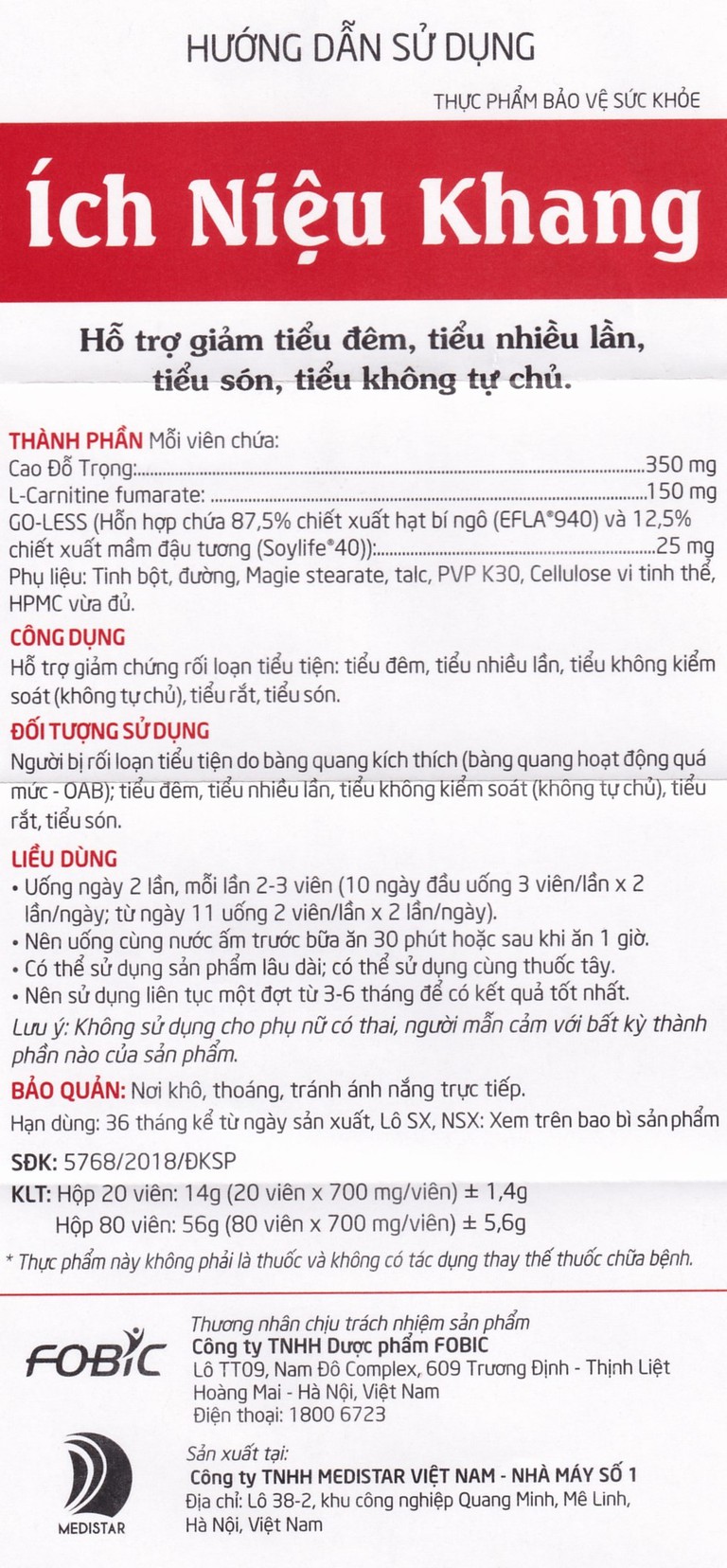 Viên uống Ích Niệu Khang Medistar hỗ trợ giảm tiểu đêm, tiểu nhiều lần, tiểu són (80 viên)