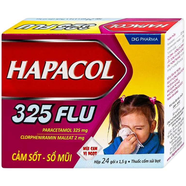 Cốm Hapacol 325 Flu DHG điều trị đau đầu, đau nửa đầu, đau răng (24 gói)