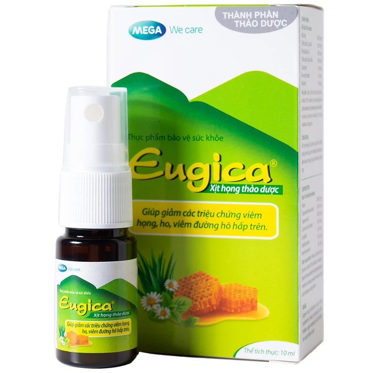 Xịt họng thảo dược Eugica Mega We Care giảm các triệu chứng viêm họng, ho, viêm đường hô hấp trên (10ml)