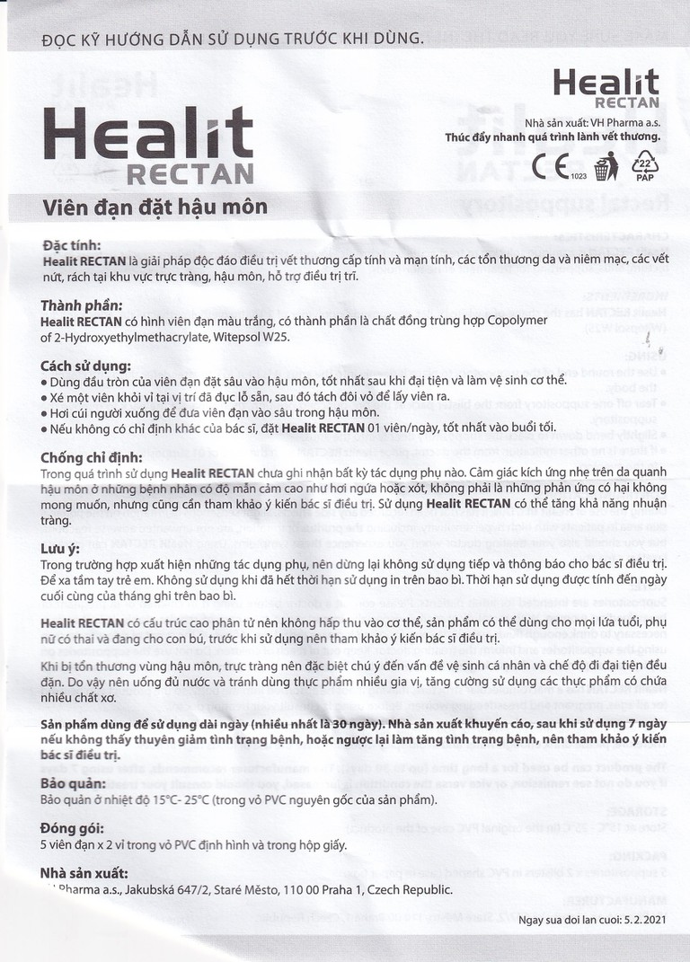 Viên đạn đặt hậu môn, trực tràng Healit Rectan VHPharma thúc đẩy nhanh quá trình lành vết thương (10 viên)
