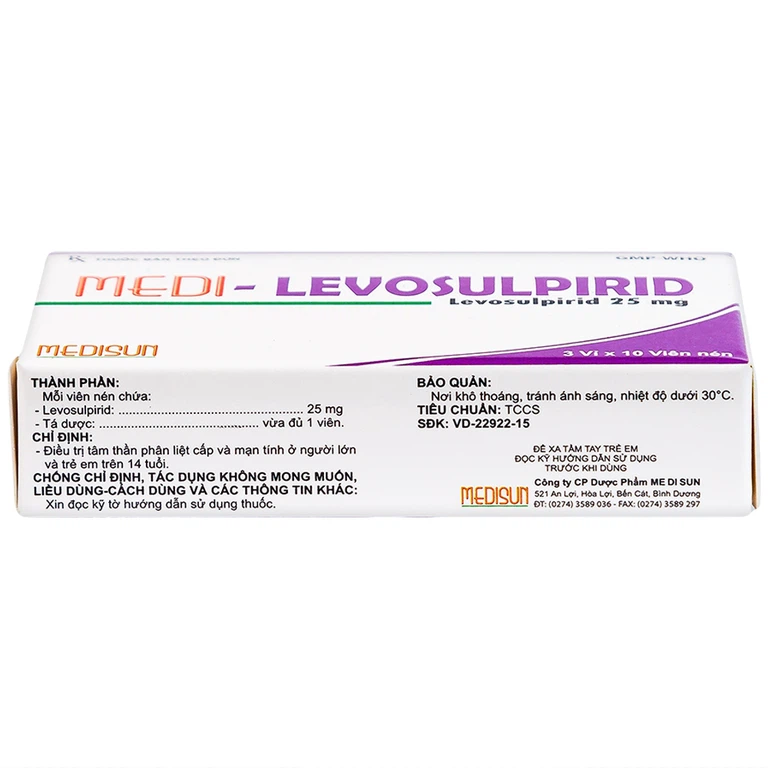 Viên nén Medi-Levosulpirid 25mg Medisun điều trị tâm thần phân liệt cấp và mạn tính (3 vỉ x 10 viên)