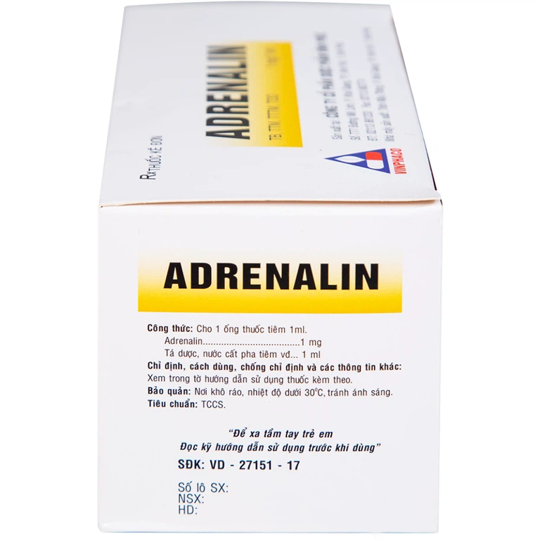 Dung dịch tiêm Adrenalin 1mg/1ml hồi sức tim phổi, cấp cứu choáng phản vệ (5 vỉ x 10 ống)