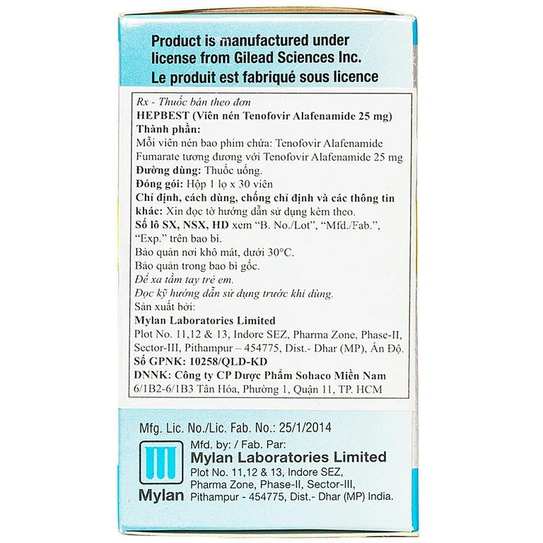 Thuốc Hepbest 25mg điều trị nhiễm virus viêm gan B mạn tính (30 viên)