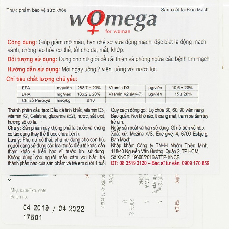 Viên uống Womega For Woman DAO Nordic Health giảm mỡ máu, hạn chế xơ vữa động mạch (60 viên)