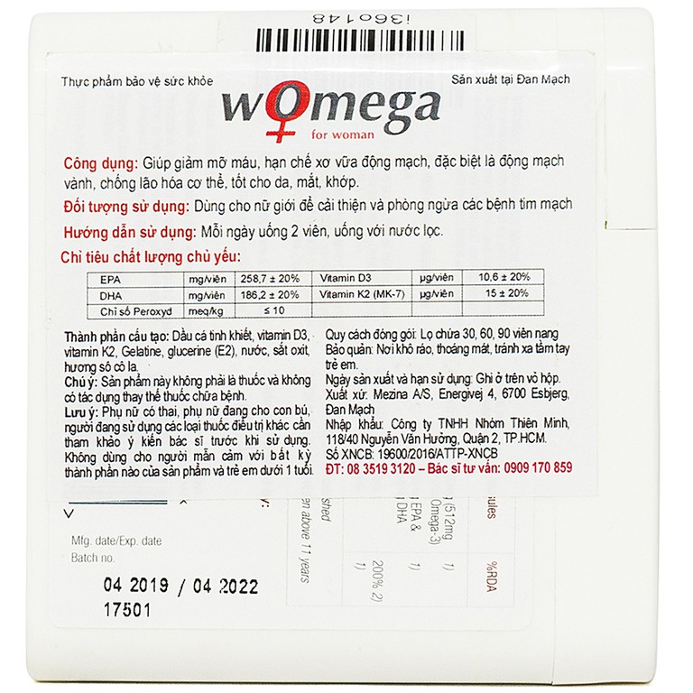 Viên uống Womega For Woman DAO Nordic Health giảm mỡ máu, hạn chế xơ vữa động mạch (60 viên)