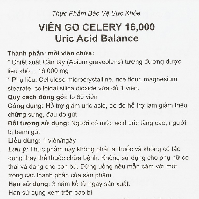 Viên uống Go Celery 16,000 hỗ trợ giảm uric acid, giảm triệu chứng sưng, đau do gout (60 viên)