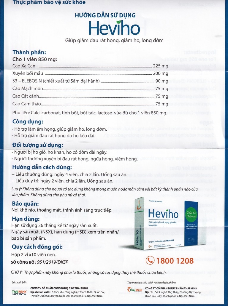 Viên uống Heviho Thái Minh giảm đau rát họng, giảm ho, long đờm (2 vỉ x 10 viên)