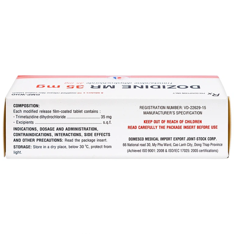Thuốc Dozidine MR 35mg Domesco điều trị triệu chứng đau thắt ngực ổn định (6 vỉ x 10 viên)