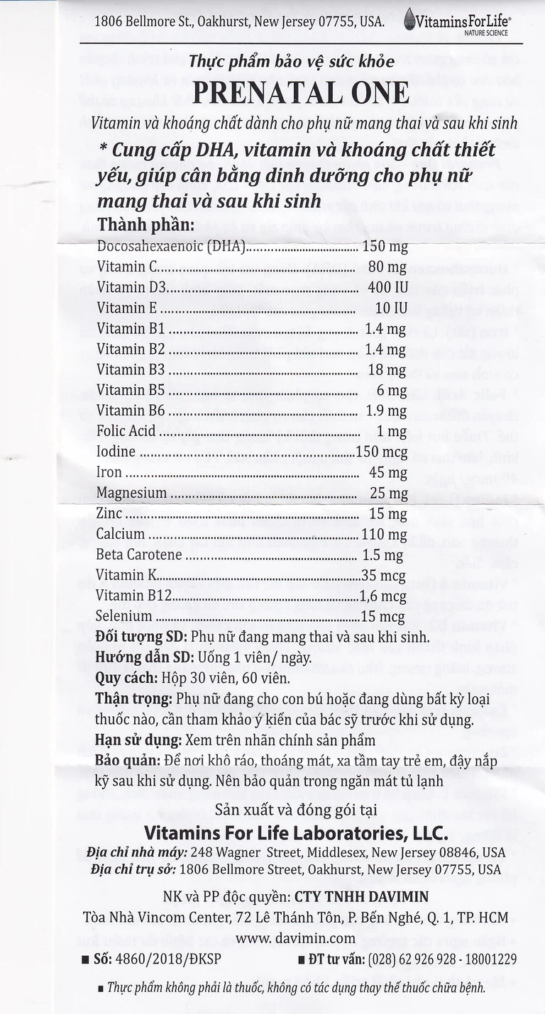 Viên uống Prenatal One Vitamins For Life cung cấp DHA, Vitamin và khoáng chất thiết yếu (30 viên)