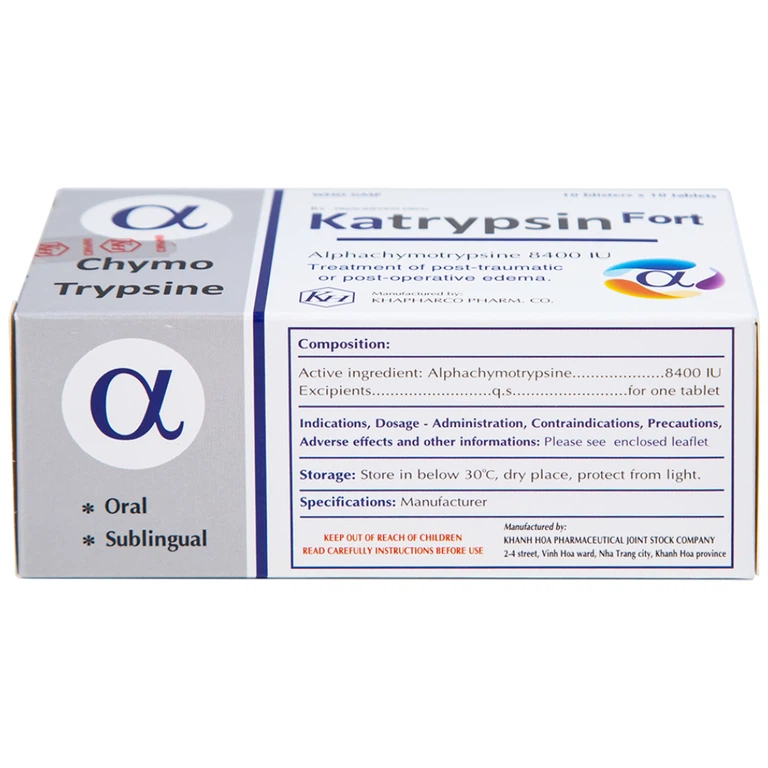 Viên nén Katrypsin Fort 8400IU Khapharco điều trị phù nề sau chấn thương, sau mổ (10 vỉ x 10 viên)