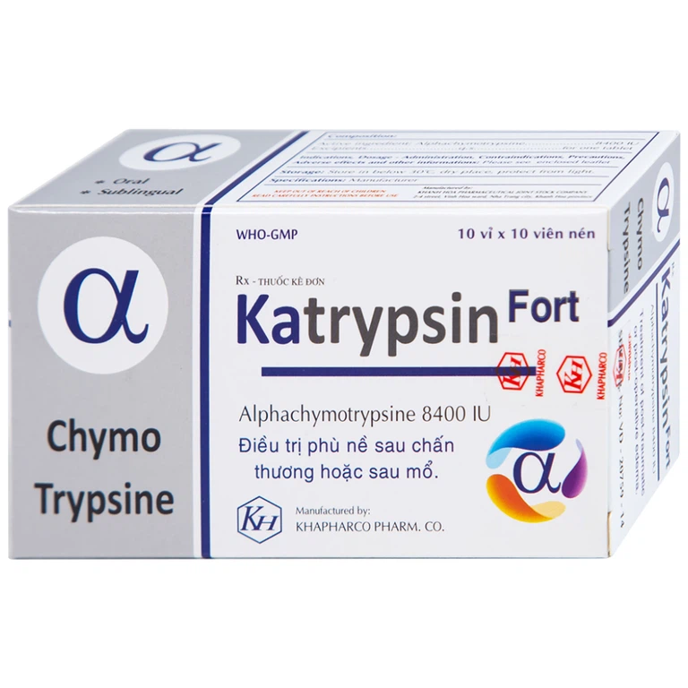Viên nén Katrypsin Fort 8400IU Khapharco điều trị phù nề sau chấn thương, sau mổ (10 vỉ x 10 viên)
