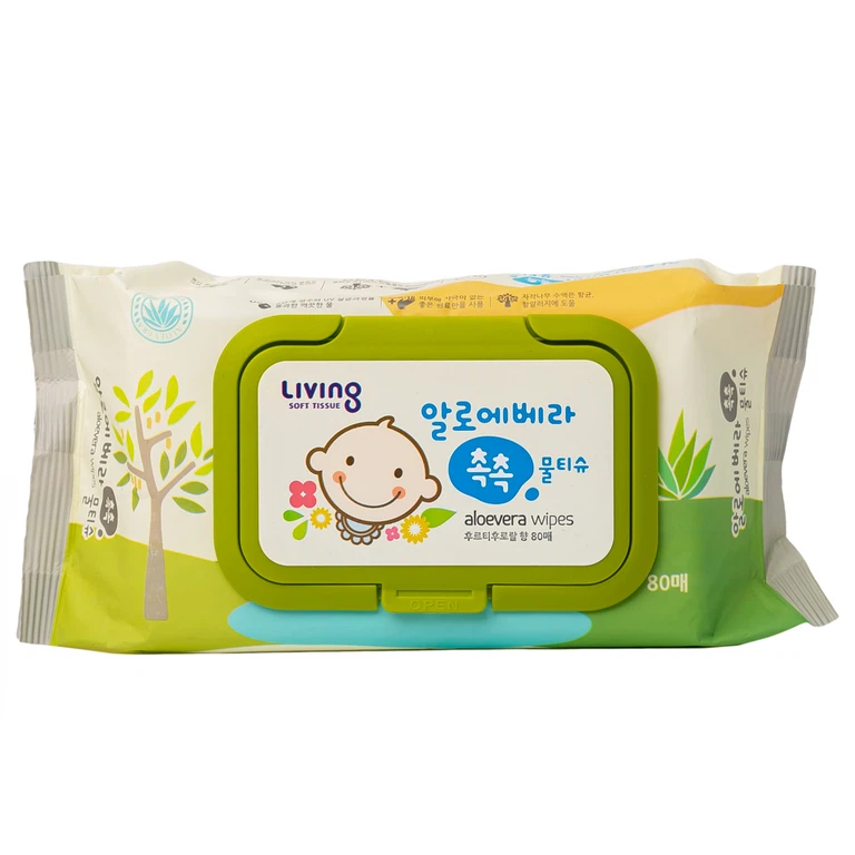 Khăn ướt Living Chok Chok Aloe Vera mềm mại, không xơ, an toàn (80 miếng)