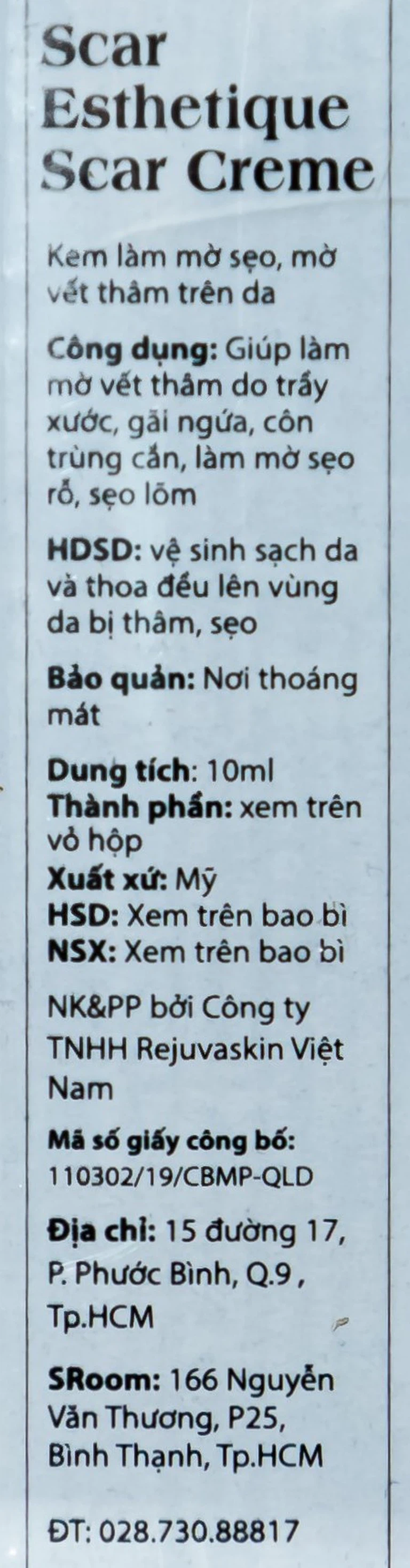 Kem Rejuvaskin Scar Esthetique làm mờ sẹo, mờ vết thâm trên da (10ml)