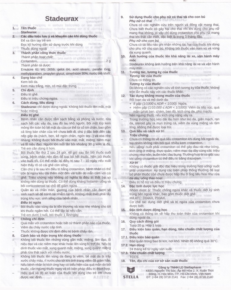 Kem bôi da Stadeurax Stella điều trị ghẻ, triệu chứng ngứa (20g)